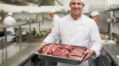 Chef holding tray of fresh meat in professional kitchen environment  