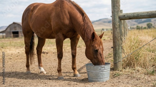 Brown horse drinking water from metal bucket in rustic farm setting  
