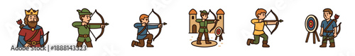 Set of medieval archery character icons featuring a king, archers aiming bows, and a target, depicted in a simple colorful cartoon line art style for fantasy or historical themes