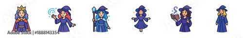 Set of cute cartoon fantasy female characters including a queen, witches, and sorceresses casting spells, holding a staff, and reading a magic book in a simple doodle style