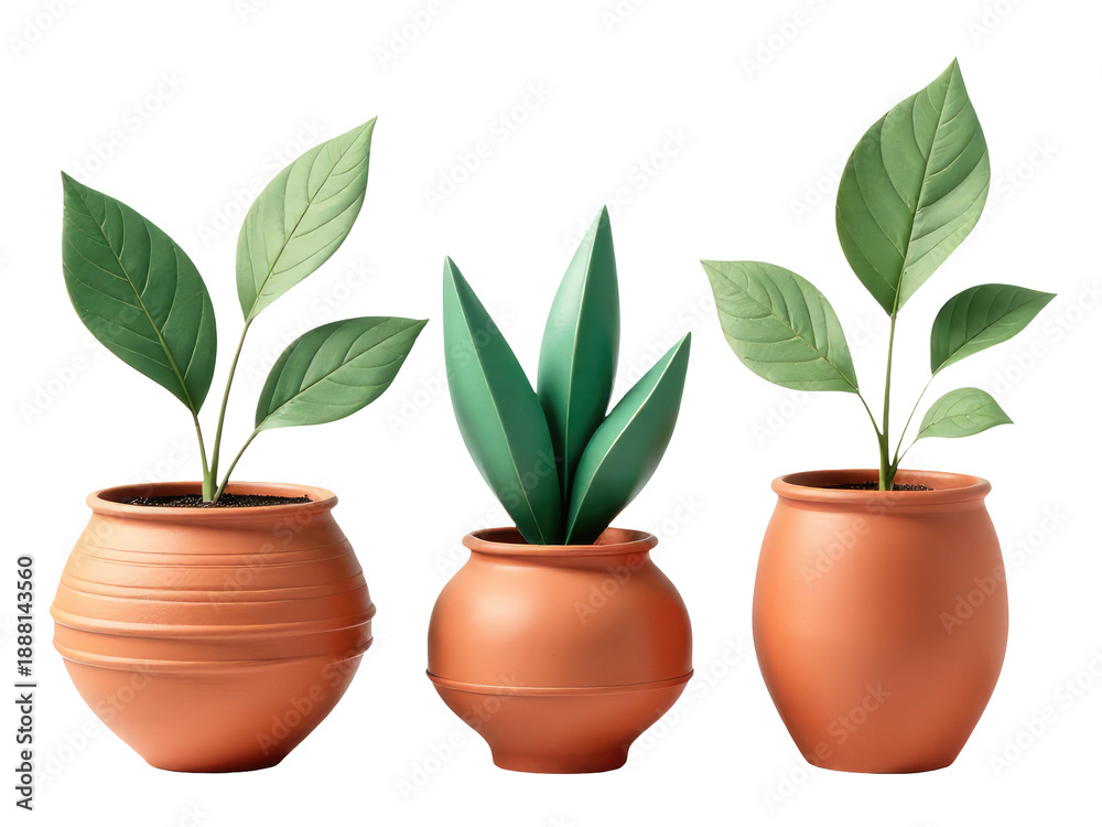 Obraz premium Three planters with greenery on a clean white surface