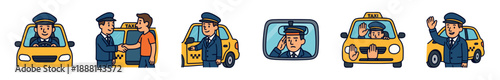 Set of cartoon taxi driver illustrations showing a friendly chauffeur in uniform driving a yellow cab, greeting a passenger, opening the door, waving, and looking in a mirror