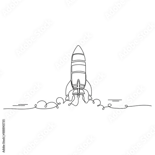 Black and white rocket launch outline with smoke trails. Non editable stroke