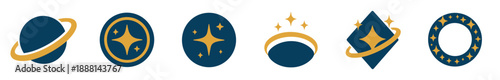 Collection of six minimalist celestial icons featuring stars, planets, and rings, rendered in a simple flat graphic style using an elegant blue and gold color scheme