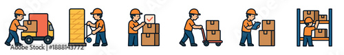 Warehouse worker icon set showing logistics and delivery process with a man loading a truck, moving pallets, checking inventory, and shelving boxes in a simple flat cartoon style