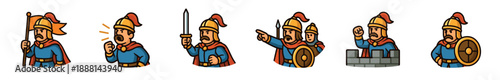 Set of cartoon medieval warrior characters in various poses, including holding a flag, shouting commands, wielding a sword, pointing, defending a castle, and holding a shield