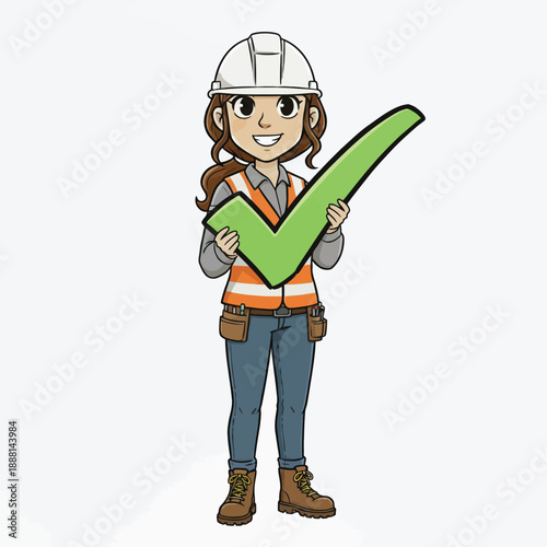 Skilled Female Construction Worker Enthusiastically Displays a Large Green Check Mark Symbol