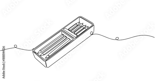 Continuous line art of pencil case with pencils and eraser. Non editable stroke