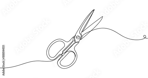 Minimalist line art of scissors cutting thread in continuous style. Non editable stroke