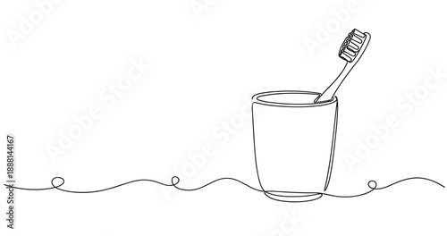 Minimalist line art of toothbrush in cup on white background. Non editable stroke