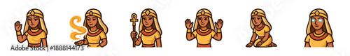 Set of cartoon ancient Egyptian woman character illustrations in various poses, including waving, holding an ankh staff, casting magic, kneeling, and with glowing divine eyes
