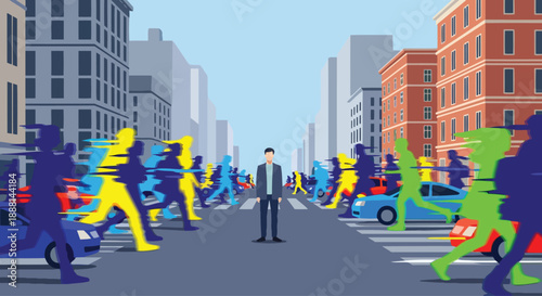 Man standing still in rushing crowd on city street concept of social isolation in modern lifestyle.