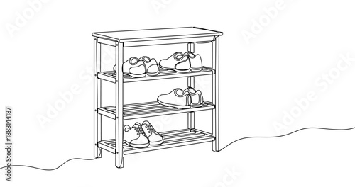 Wooden shoe rack with three tiers and sneakers in simple line art style. Non editable stroke