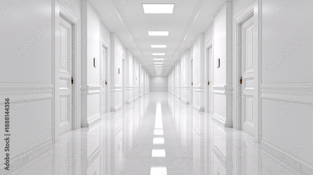 Fototapeta premium Infinite Corridor: An endless corridor of pristine doors and reflective surfaces stretches into the distance, conveying a sense of order and potential.
