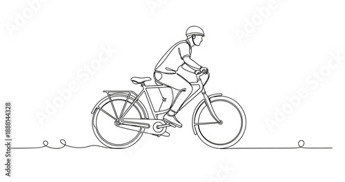 Line art of asian male riding bicycle with helmet. Non editable stroke