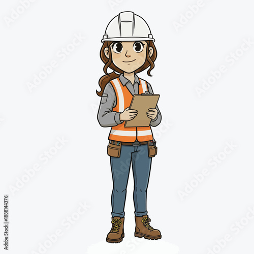 Cartoon illustration of a female construction worker holding a clipboard with a clipboard
