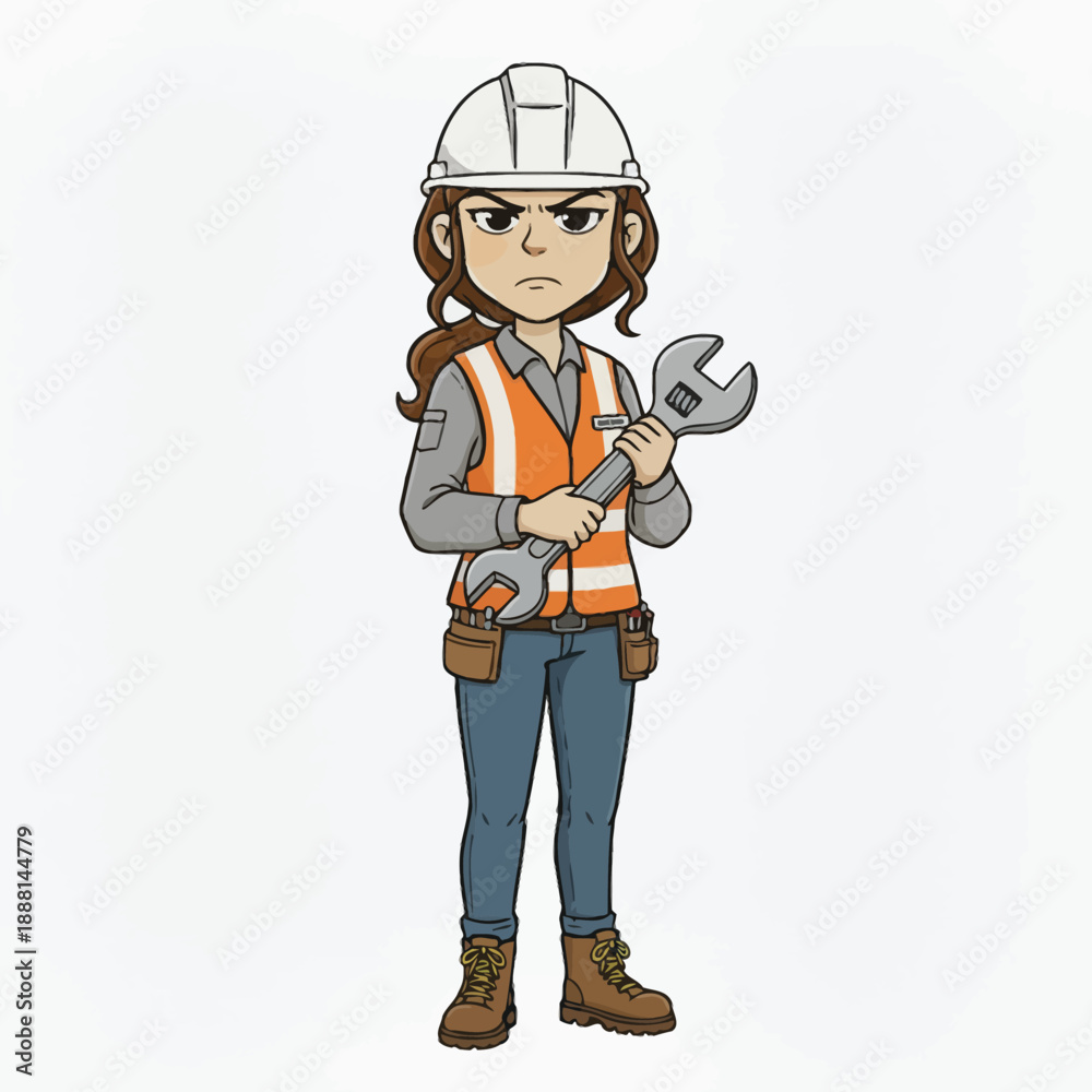 Fototapeta premium Determined female construction worker holding a large wrench ready for any repair task