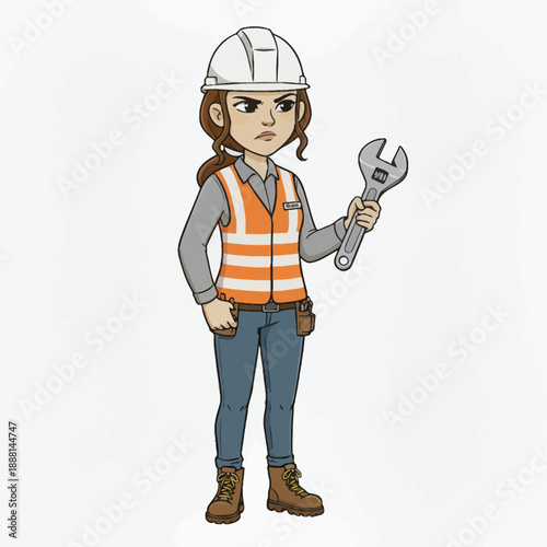 Determined female construction worker holding a wrench ready for a project