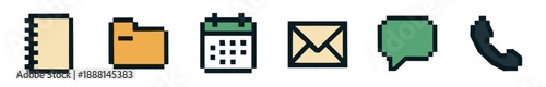 Set of six pixel art business icons including a notebook, folder, calendar, mail, chat, and phone for digital communication concepts in a retro 8-bit video game style