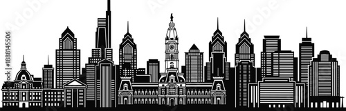 PrintBlack and White Minimalist Philadelphia Pennsylvania City Skyline Silhouette Vector Illustration Featuring Iconic Landmarks Like One Liberty Place and City Hall Tower Isolated