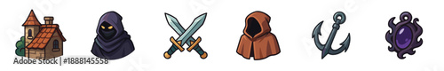 Collection of six cartoon fantasy game icons depicting a medieval building, a dark assassin, crossed daggers, a brown cloak, a metal anchor, and a purple magic pendant