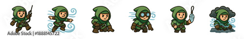 Six cartoon game character sprites of a hooded rogue in green performing actions like jumping, sneaking, and creating a smoke cloud, presented as a character sheet illustration
