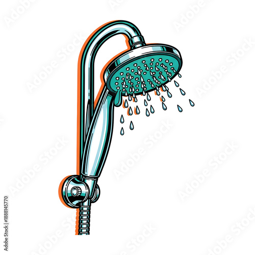 Handheld shower head with water droplets falling a refreshing bathroom fixture.