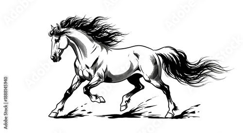 Dynamic black and white illustration of a powerful horse galloping with its mane and tail flowing, kicking up dust.