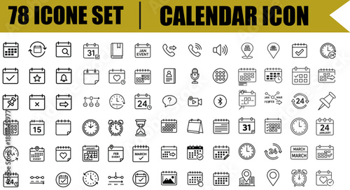Calendar icon set with editable line style vector symbols for date, schedule, planning, appointment, agenda, organization, time management, events, monthly and weekly timeline, clock and reminder icon