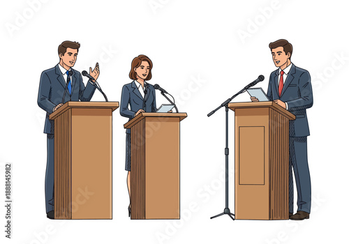 Businessman and businesswoman debating at podiums during conference or formal event, professional political discussion illustration