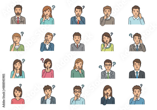 Collection of diverse cartoon people expressing confusion and thinking with question marks above heads, representing doubt, uncertainty and curiosity