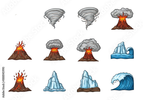 Collection of cartoon-style natural disaster illustrations including erupting volcanoes, volcanic explosion with smoke, tornado, and icy mountain peak