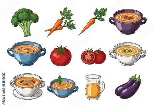 Hand drawn vector illustration of healthy vegetable soups with fresh broccoli, carrots, and tomatoes served in various bowls with garnish and spices