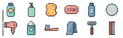 Pixel art icon set of bathroom toiletries and personal hygiene items including soap, shampoo, a razor, and a comb, designed in a retro 8-bit video game style