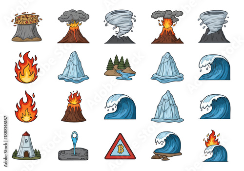 Hand-drawn colorful nature and element icons including volcano eruptions, fire flames, icebergs, water waves, trees, and buildings in cartoon style