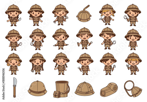 Set of cute girl explorers in safari outfit with various tools and accessories for adventure and camping activities