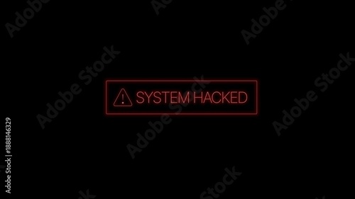 SYSTEM HACKED text with warning icon and glitch background. 4K Animation System Error Security, Hacking Alert, Cyber Crime, Attack Defense Network, Computer Error Distortion. 