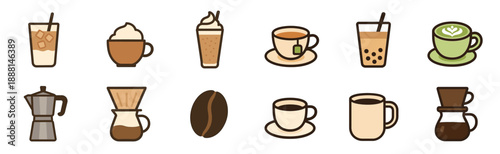 Set of coffee and tea icons featuring various drinks like latte, cappuccino, matcha, and bubble tea, with brewing equipment such as a moka pot and pour-over dripper