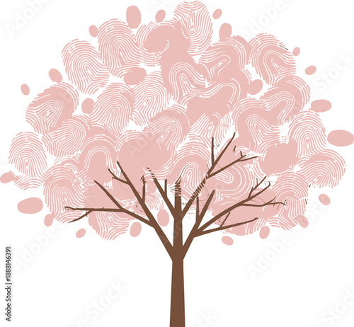 Stylized tree with fingerprint pattern leaves in soft pink and brown branches, representing individuality