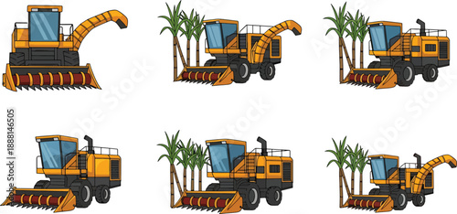 Collection of pixel art illustrations depicting a yellow combine harvester for farming Vector