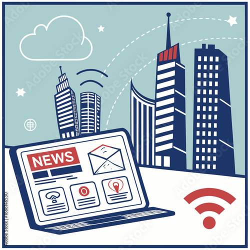 City News Media Concept Illustration with Newspaper and Wireless Signal