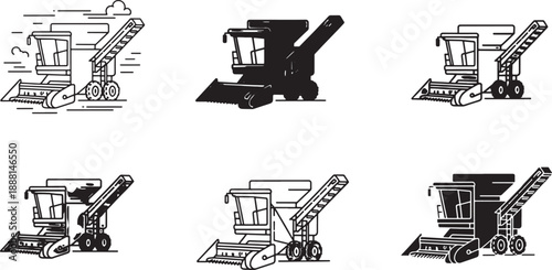 Six variations of a combine harvester icon for agriculture and farming themes Vector