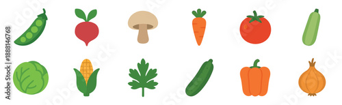Colorful set of various vegetable icons including peas, radish, mushroom, carrot, and tomato, presented in a simple flat cartoon style for healthy eating and nutrition concepts