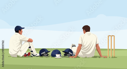 Cricket players resting on grass field during tea break.