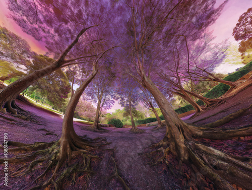 Gnarled Sentinels Arching Over the Crimson Path, Embraced by a Psychedelic Canopy of Purple Twilight