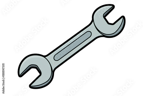 A cartoon style open end wrench illustration, simple gray tool with black outlines and highlights