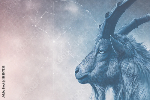 Capricorn zodiac sign with a goat illustration against a soft background showing stars and constellations at night