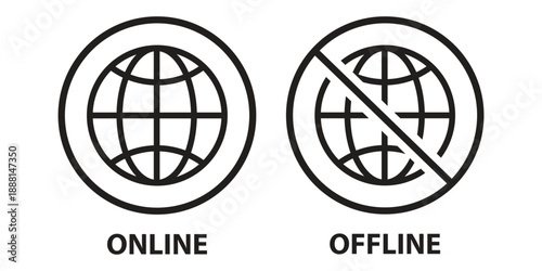 Online and Offline Internet Icons Set, vector collection of connectivity symbols globe with full or no signal for internet status design