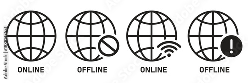 Online and Offline Internet Connection Icon Set – Globe with Good and No Signal Symbols in Red and Green