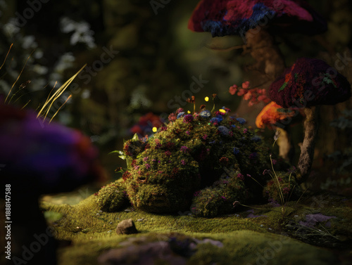 The Silent Guardian of the Deep Wood Dreaming, Cloaked in Emerald Moss and Adorned with Faint, Ethereal Woodland Blooms